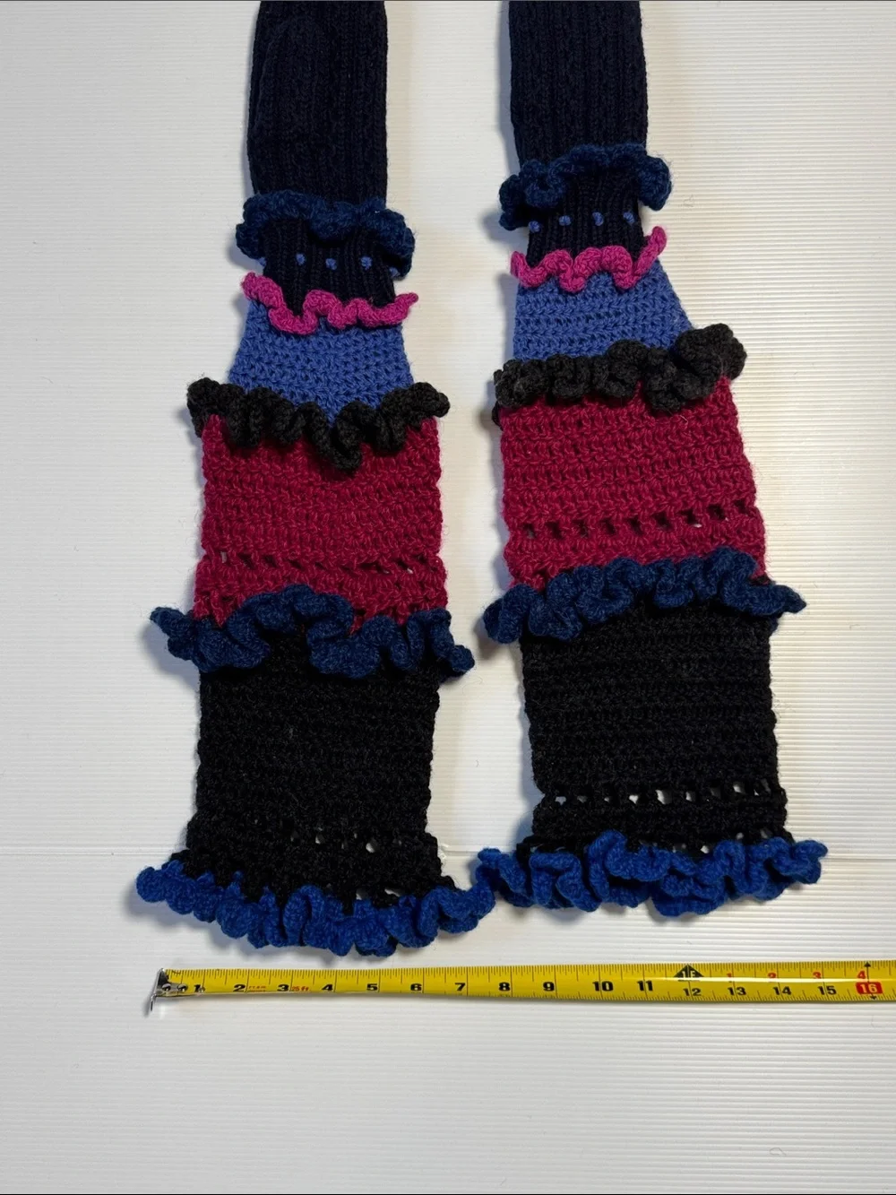 Handmade Mittens Ruffled Crochet Above Elbow Arm Warmers Black Blue Fuchsia